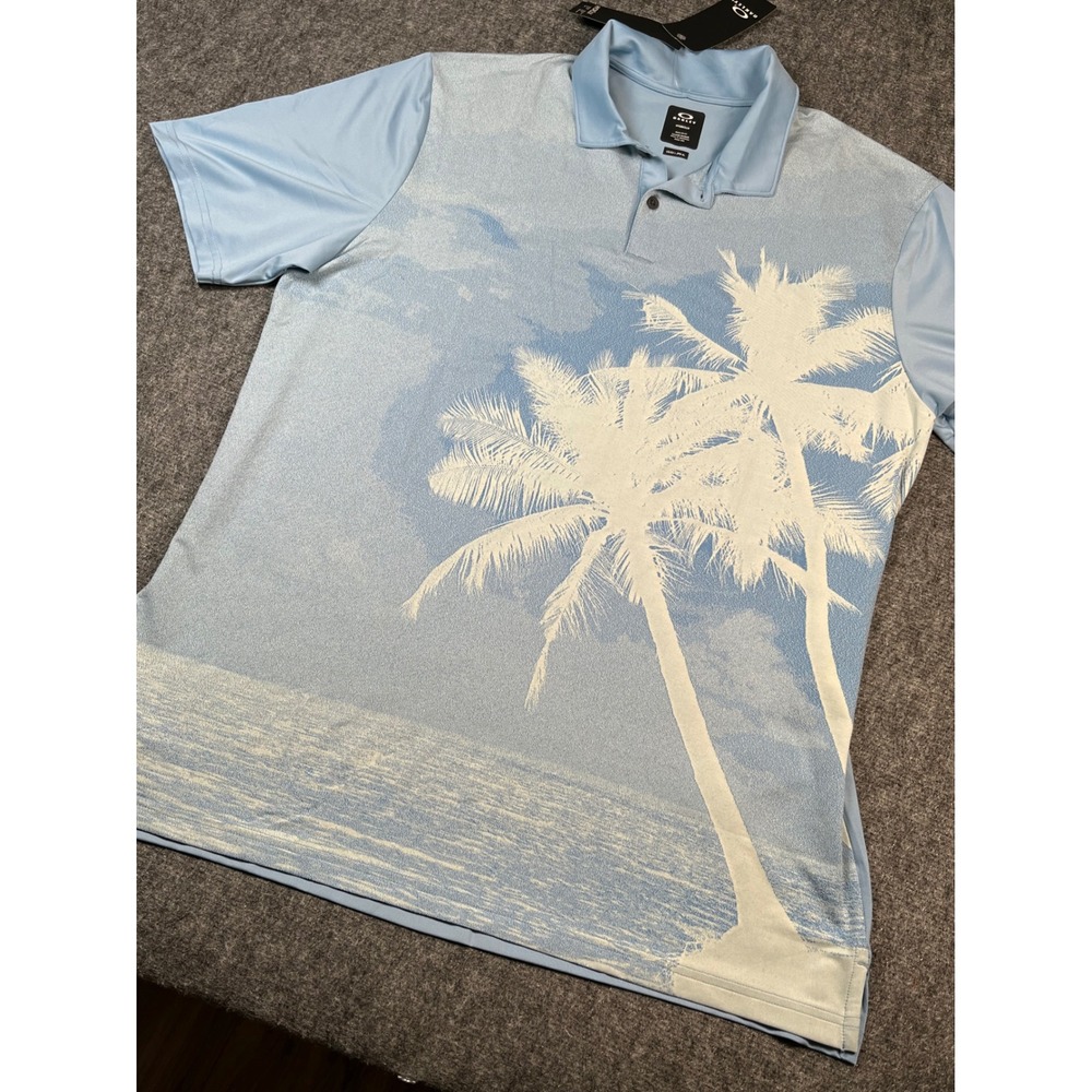 Oakley Stonewash Blue Reduct Polo Shirt Mens XL Palm Tree Golf Short Sleeve new